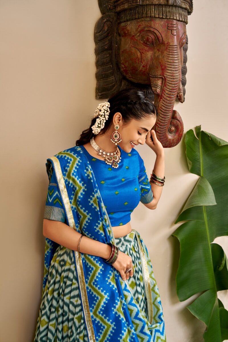 Blue Colour Tasar Silk printed Hyderabadi lehenga with Ikat and Foil Print detailing close look