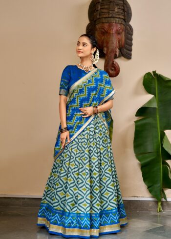 Blue Colour Tasar Silk printed Hyderabadi lehenga with Ikat and Foil Print detailing front look