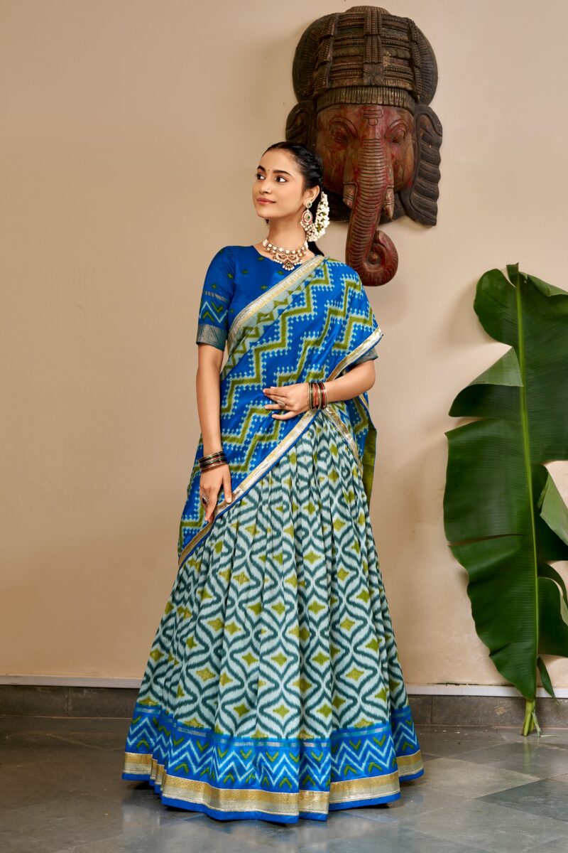 Blue Colour Tasar Silk printed Hyderabadi lehenga with Ikat and Foil Print detailing front look