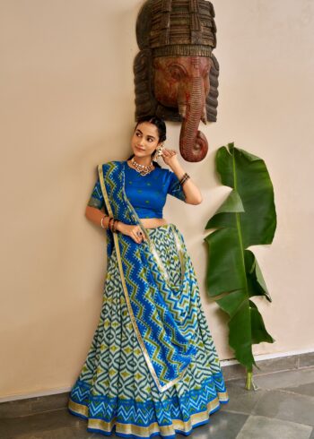 Blue Colour Tasar Silk printed Hyderabadi lehenga with Ikat and Foil Print detailing