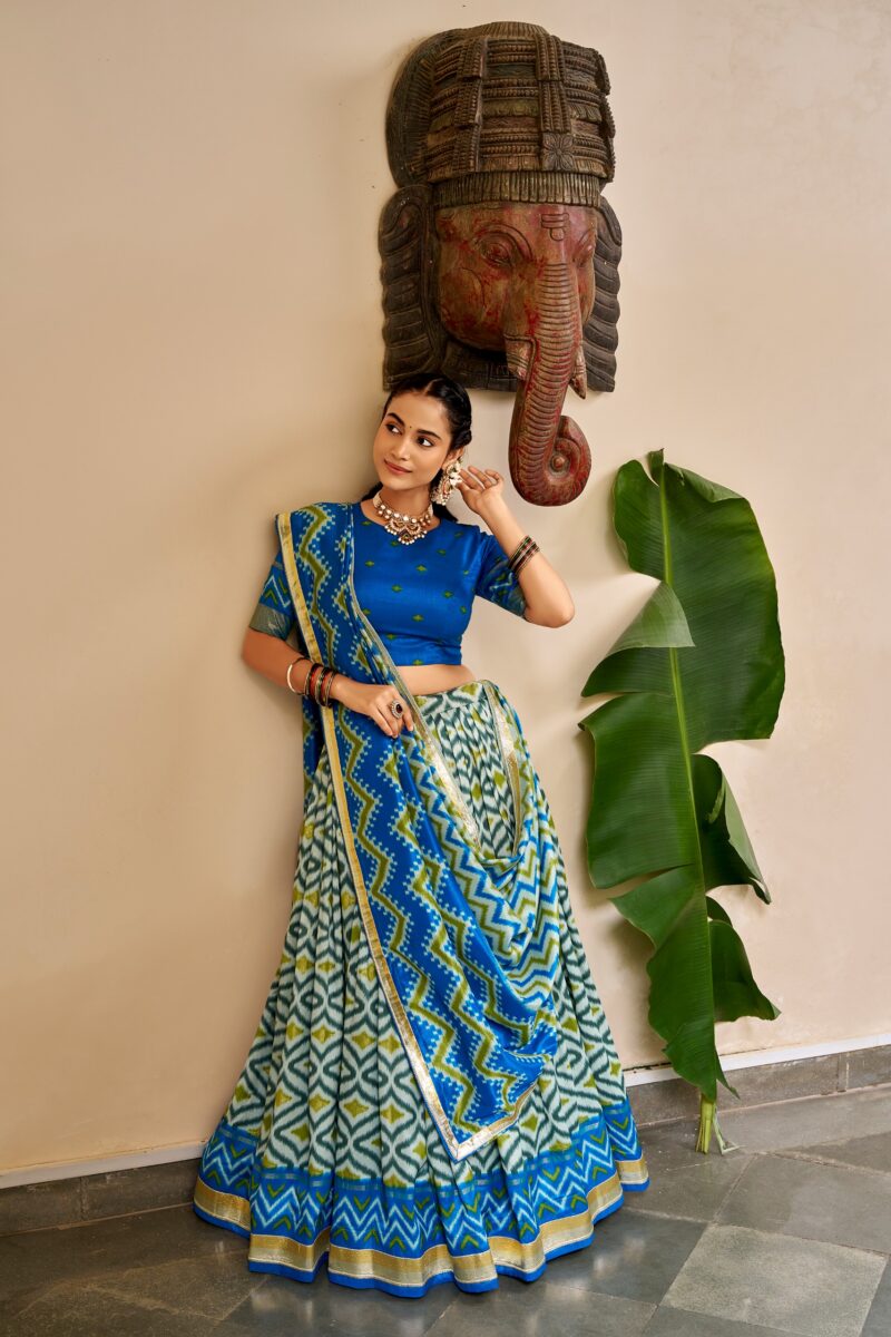 Blue Colour Tasar Silk printed Hyderabadi lehenga with Ikat and Foil Print detailing