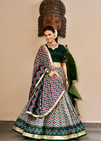 Green Colour Tasar Silk printed Hyderabadi lehenga with Ikat and Foil Print detailing