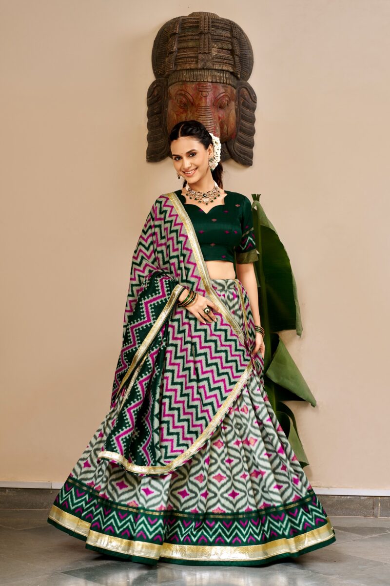 Green Colour Tasar Silk printed Hyderabadi lehenga with Ikat and Foil Print detailing