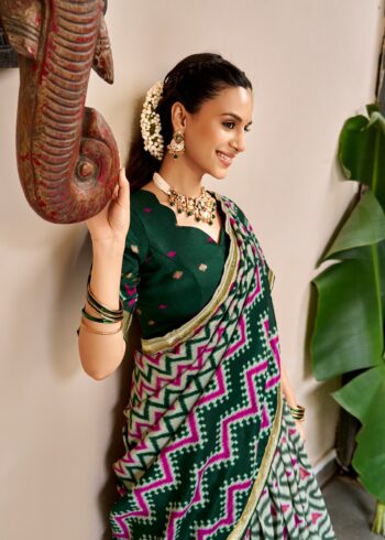 Green Colour Tasar Silk printed Hyderabadi lehenga with Ikat and Foil Print detailing close look