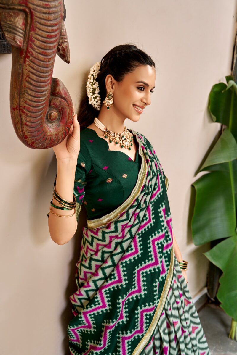 Green Colour Tasar Silk printed Hyderabadi lehenga with Ikat and Foil Print detailing close look