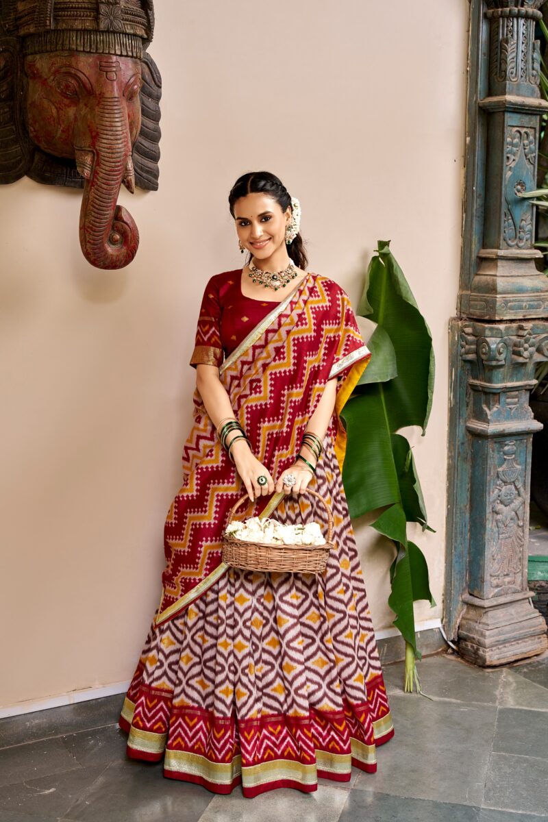 Maroon Colour Tasar Silk printed Hyderabadi lehenga with Ikat and Foil Print detailing front look