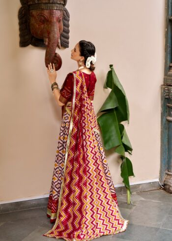 Maroon Colour Tasar Silk printed Hyderabadi lehenga with Ikat and Foil Print detailing back side
