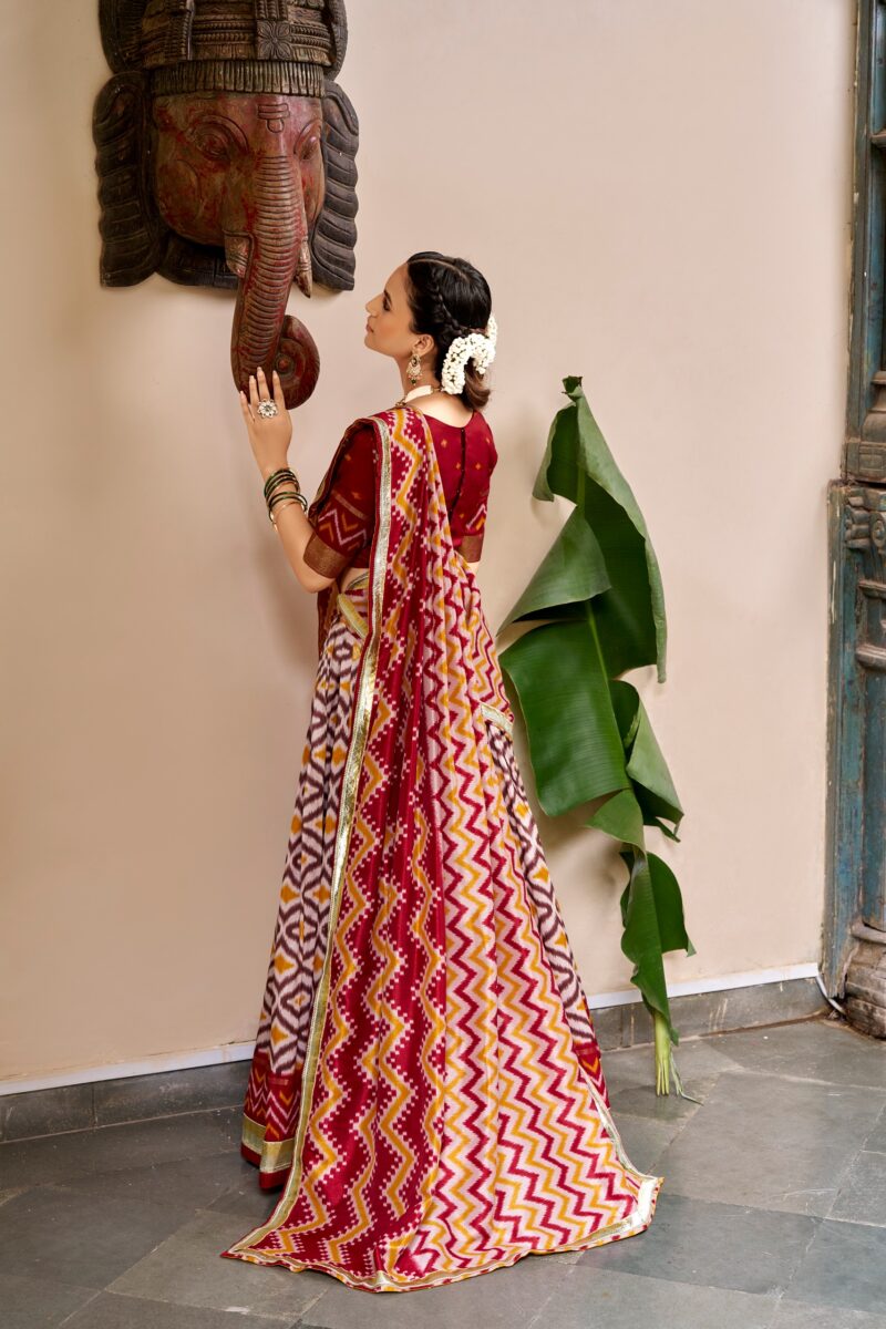 Maroon Colour Tasar Silk printed Hyderabadi lehenga with Ikat and Foil Print detailing back side