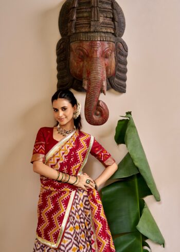 Maroon Colour Tasar Silk printed Hyderabadi lehenga with Ikat and Foil Print detailing