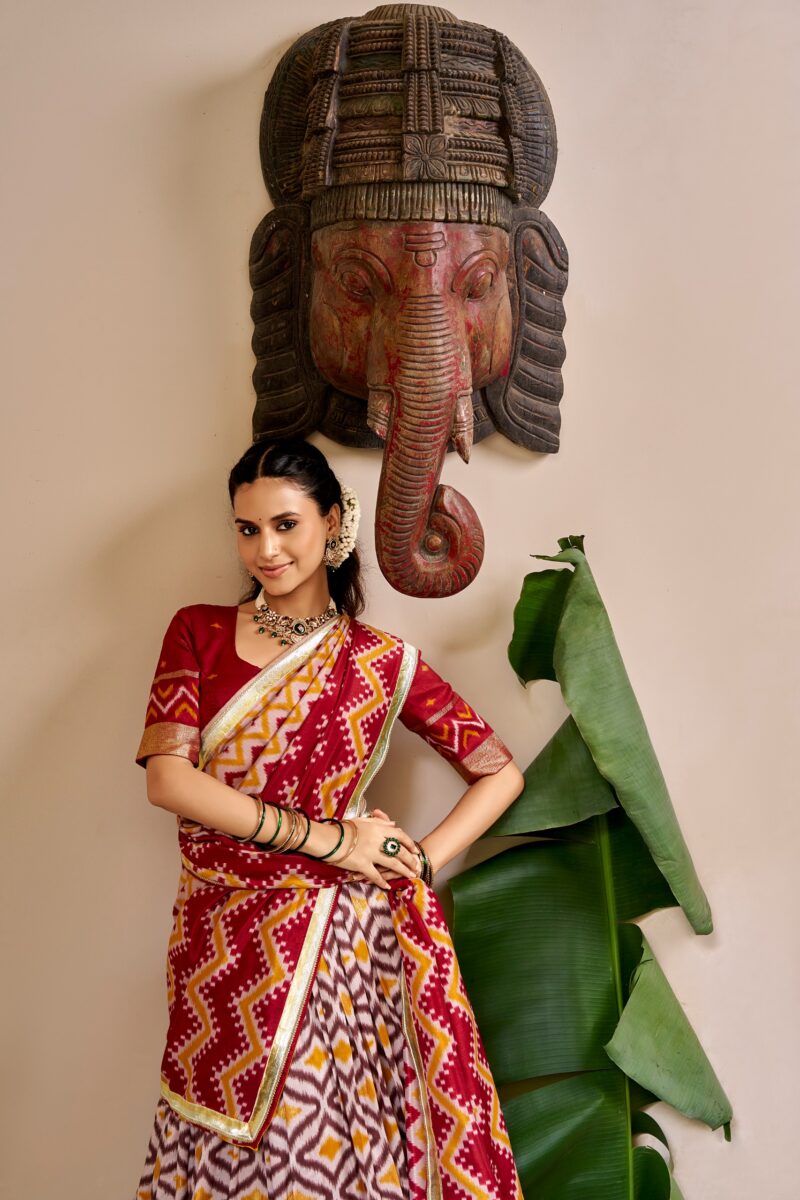 Maroon Colour Tasar Silk printed Hyderabadi lehenga with Ikat and Foil Print detailing