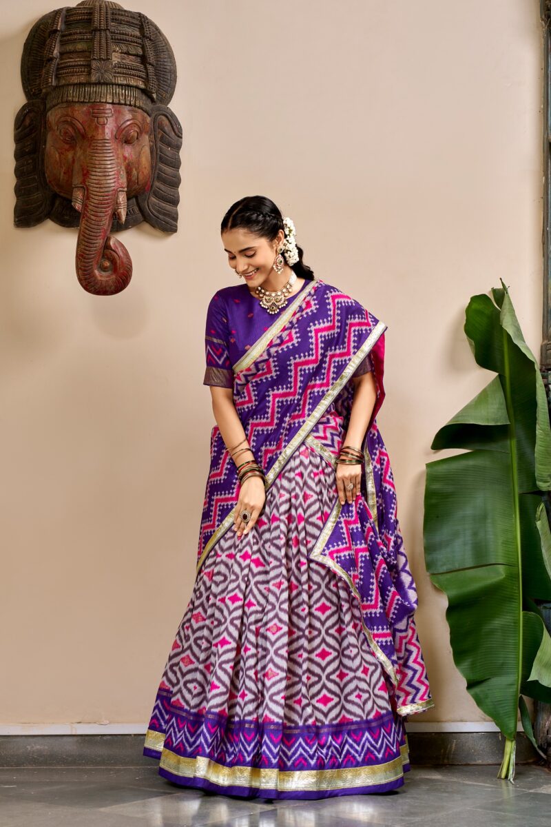 Purple Colour Tasar Silk printed Hyderabadi lehenga with Ikat and Foil Print detailing