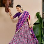 Purple Colour Tasar Silk printed Hyderabadi lehenga with Ikat and Foil Print detailing full look