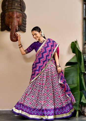 Purple Colour Tasar Silk printed Hyderabadi lehenga with Ikat and Foil Print detailing full look