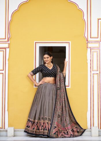 Black Colour Tasar Silk traditional temple wear lehenga with printed detailing and lace border