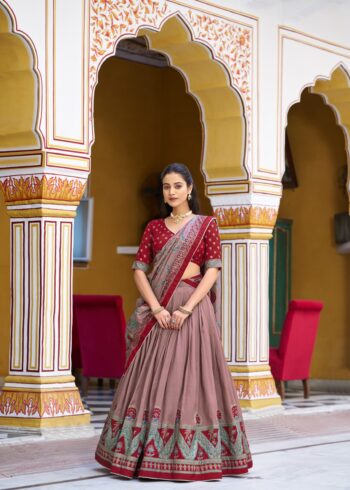 Maroon Colour Tasar Silk traditional temple wear lehenga with printed detailing and lace border