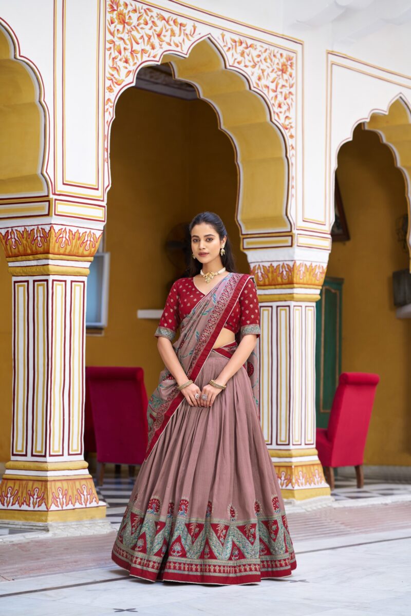 Maroon Colour Tasar Silk traditional temple wear lehenga with printed detailing and lace border