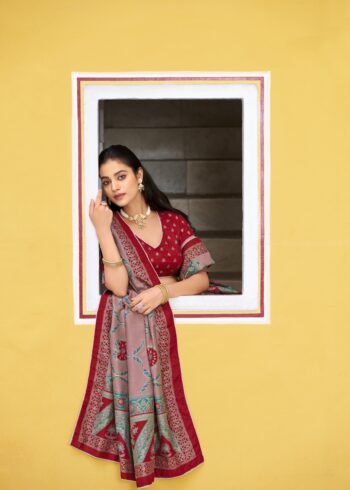 Maroon Colour Tasar Silk traditional temple wear lehenga with printed detailing and lace border close look