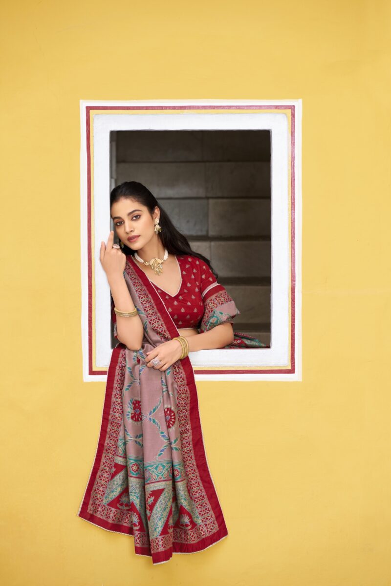 Maroon Colour Tasar Silk traditional temple wear lehenga with printed detailing and lace border close look