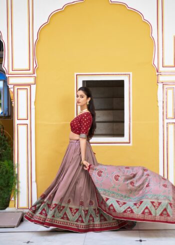 Maroon Colour Tasar Silk traditional temple wear lehenga with printed detailing and lace border side look