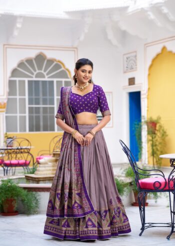 Designer Lehengas 18 Purple Colour Tasar Silk traditional temple wear lehenga with printed detailing and lace border