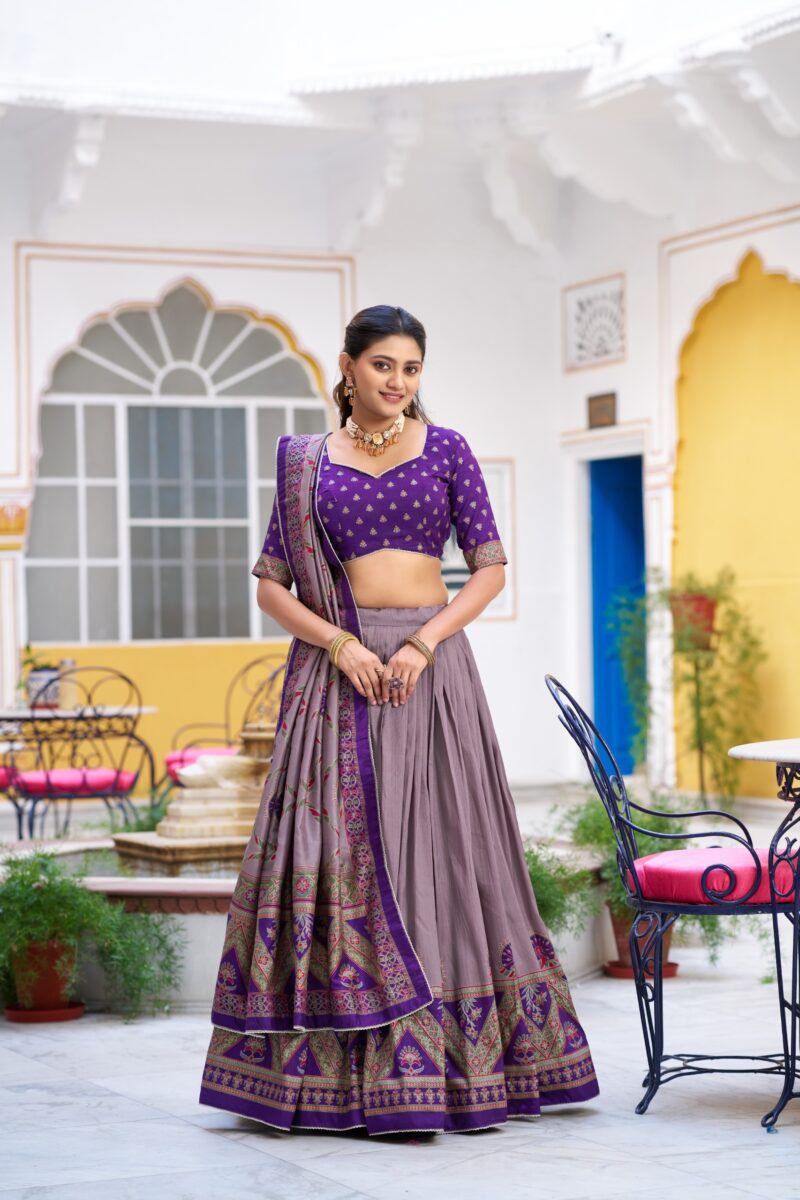Purple Colour Tasar Silk traditional temple wear lehenga with printed detailing and lace border