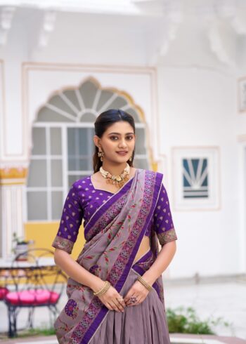 Purple Colour Tasar Silk traditional temple wear lehenga with printed detailing and lace border close look