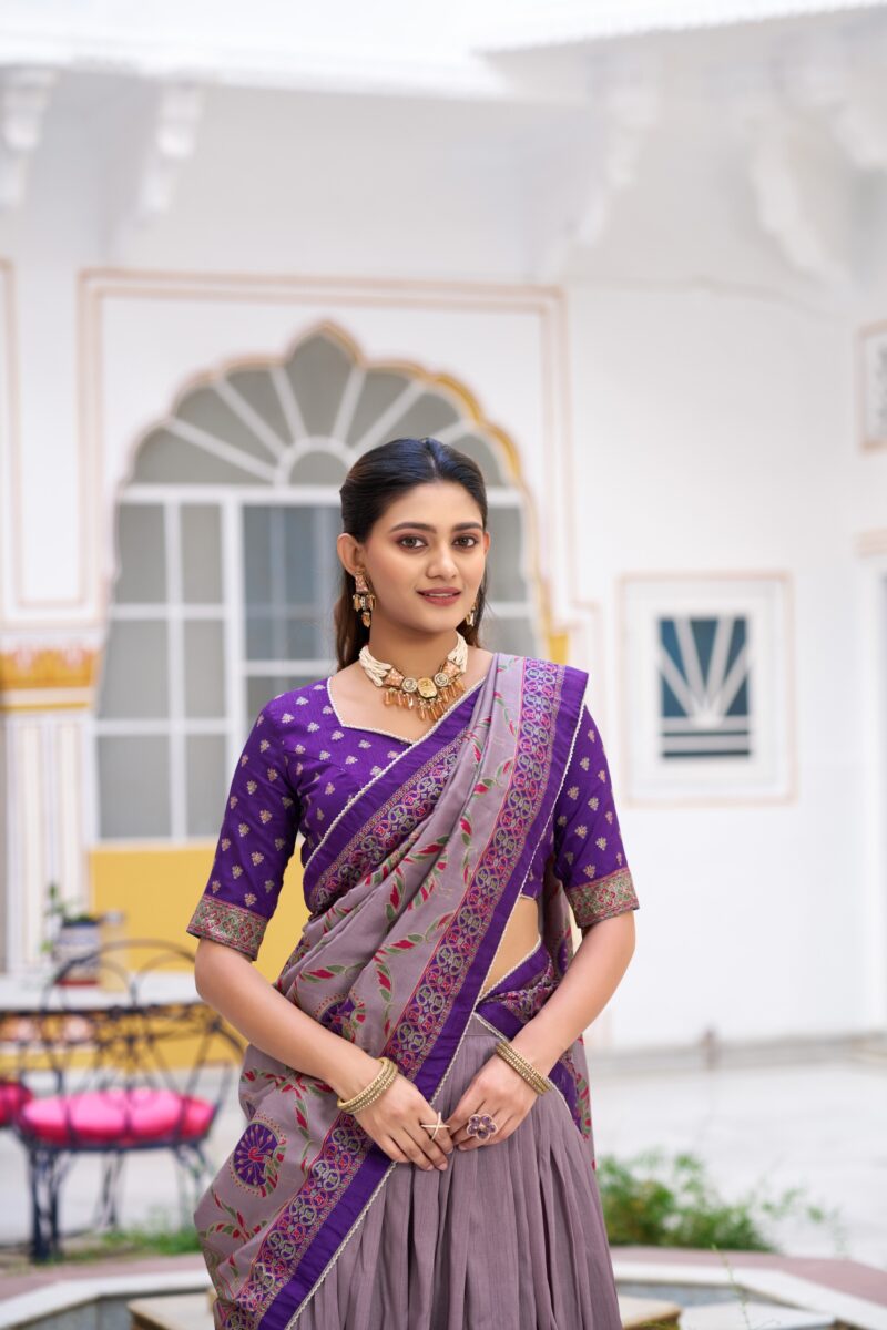 Purple Colour Tasar Silk traditional temple wear lehenga with printed detailing and lace border close look