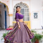 Purple Colour Tasar Silk traditional temple wear lehenga with printed detailing and lace border flair look