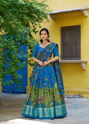 Firozi colour Tussar Silk Kalamkari Print Pattu Half Saree Lehenga
