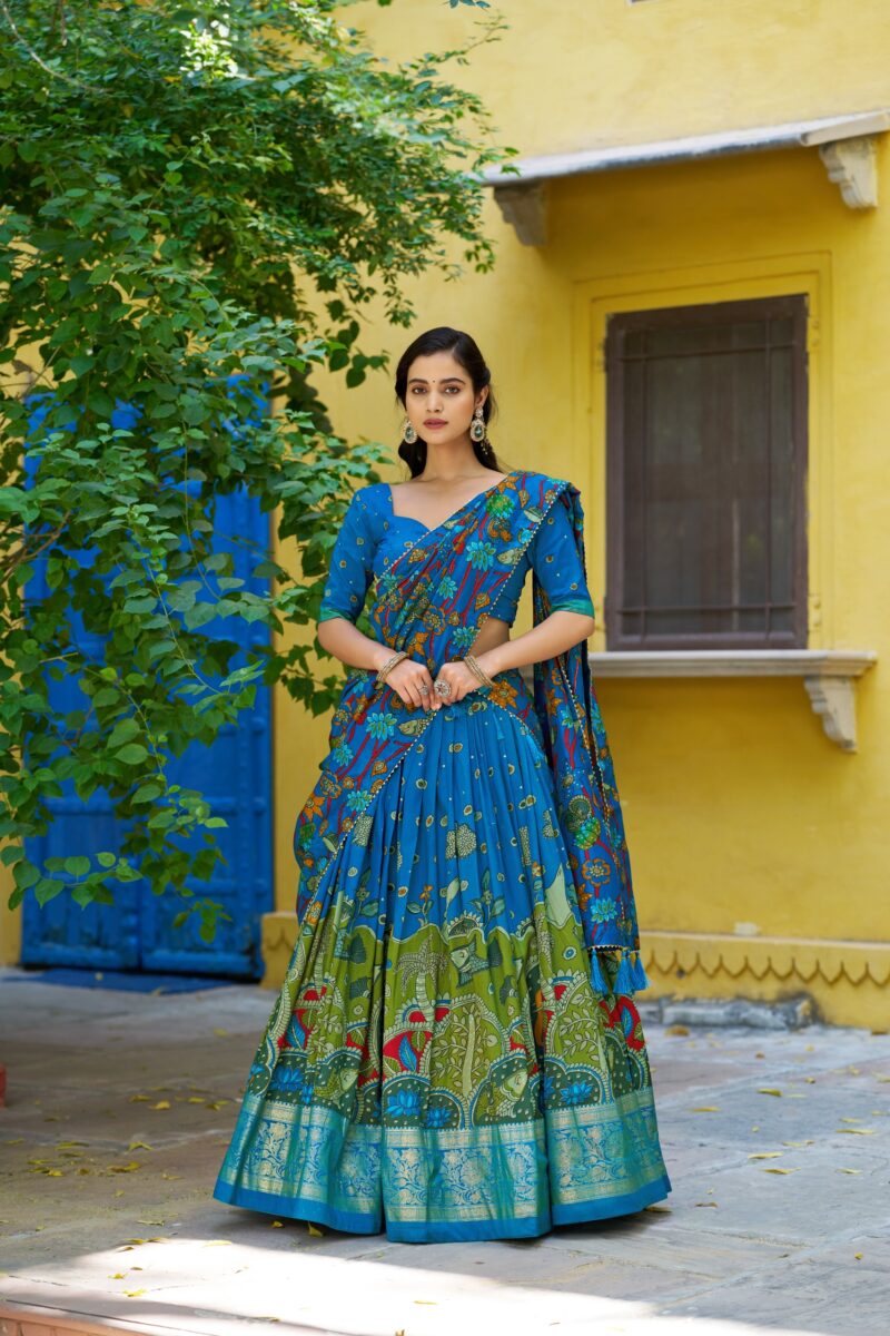 Firozi colour Tussar Silk Kalamkari Print Pattu Half Saree Lehenga