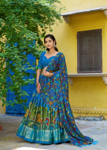 Firozi colour Tussar Silk Kalamkari Print Pattu Half Saree Lehenga front look
