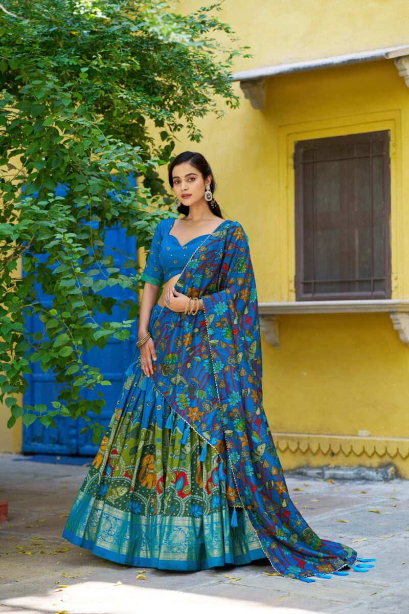 Firozi colour Tussar Silk Kalamkari Print Pattu Half Saree Lehenga front look