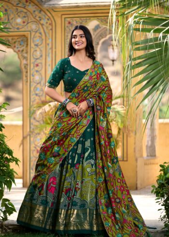 Green colour Tussar Silk Kalamkari Print Pattu Half Saree Lehenga