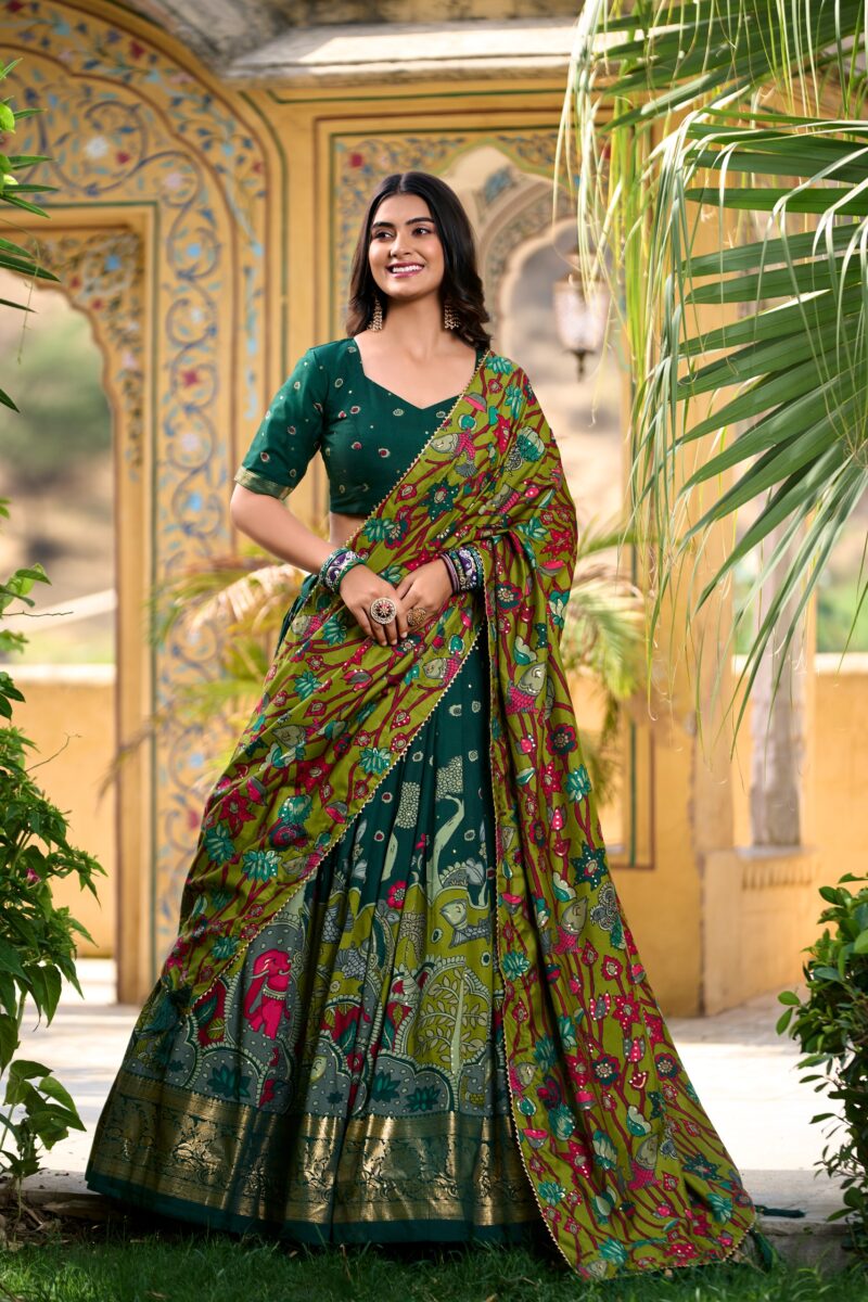 Green colour Tussar Silk Kalamkari Print Pattu Half Saree Lehenga