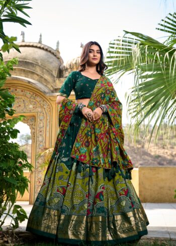 Green colour Tussar Silk Kalamkari Print Pattu Half Saree Lehenga front look