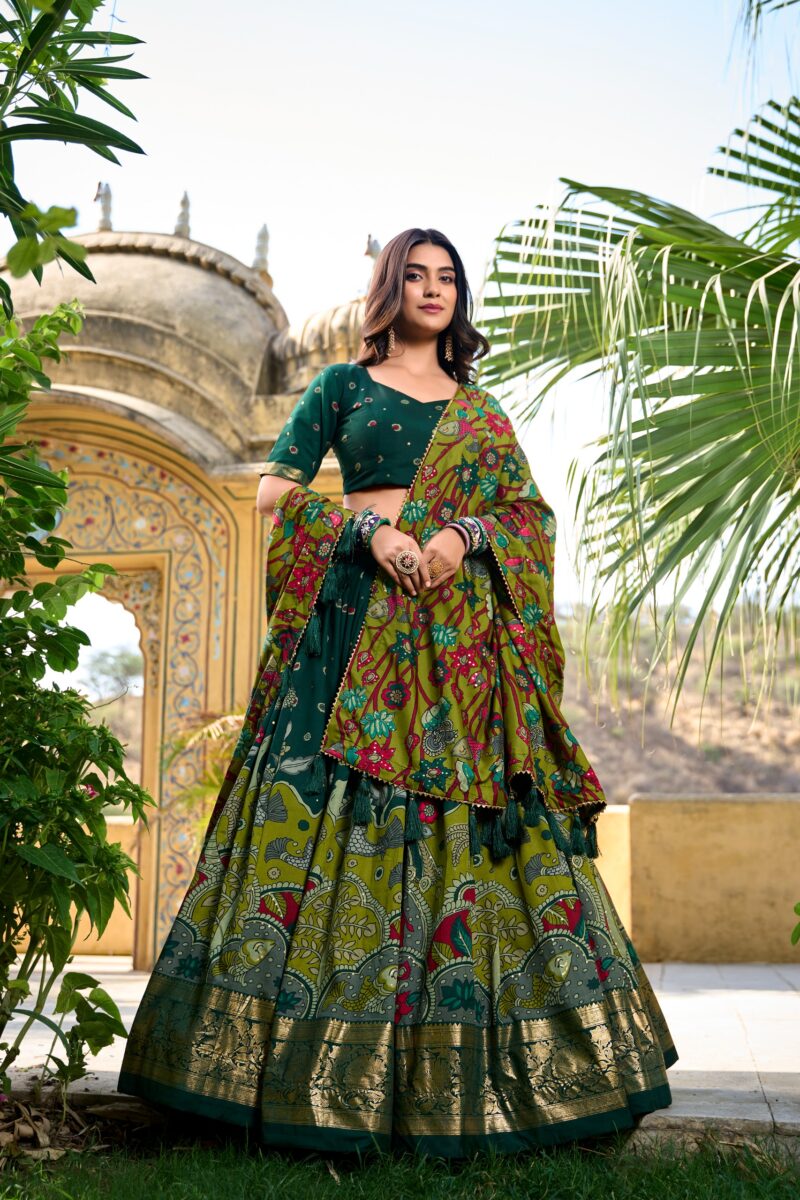 Green colour Tussar Silk Kalamkari Print Pattu Half Saree Lehenga front look