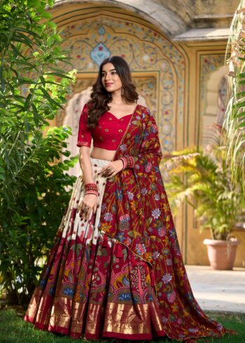 Off White colour Tussar Silk Kalamkari Print Pattu Half Saree Lehenga