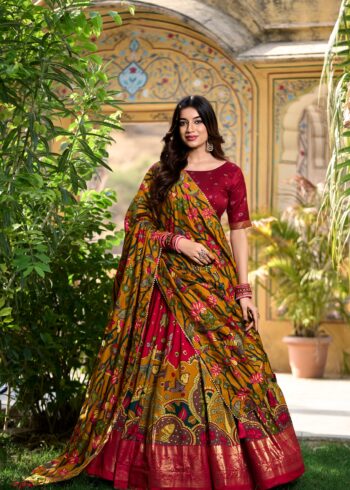 Red colour Tussar Silk Kalamkari Print Pattu Half Saree Lehenga