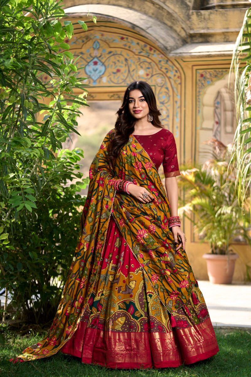 Red colour Tussar Silk Kalamkari Print Pattu Half Saree Lehenga