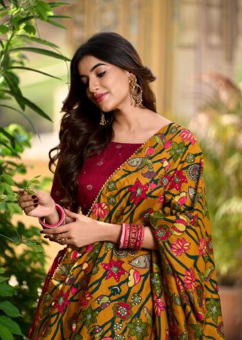 Red colour Tussar Silk Kalamkari Print Pattu Half Saree Lehenga close look