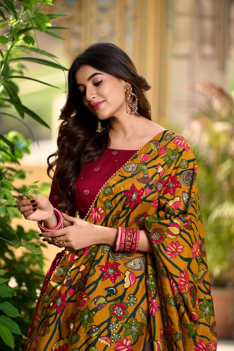Red colour Tussar Silk Kalamkari Print Pattu Half Saree Lehenga close look