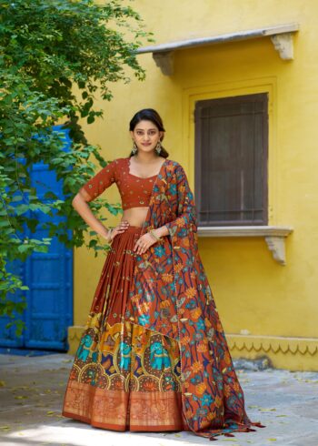 Rust Orange colour Tussar Silk Kalamkari Print Pattu Half Saree Lehenga