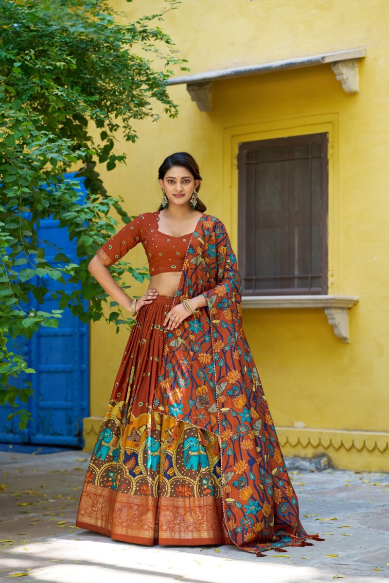 Rust Orange colour Tussar Silk Kalamkari Print Pattu Half Saree Lehenga