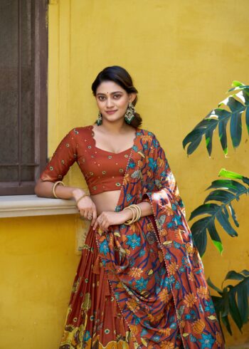 Rust Orange colour Tussar Silk Kalamkari Print Pattu Half Saree Lehenga close look