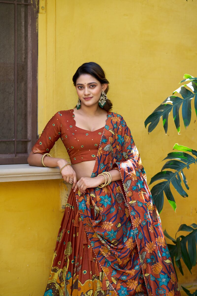 Rust Orange colour Tussar Silk Kalamkari Print Pattu Half Saree Lehenga close look