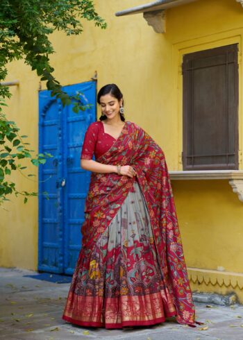Sea Green colour Tussar Silk Kalamkari Print Pattu Half Saree Lehenga
