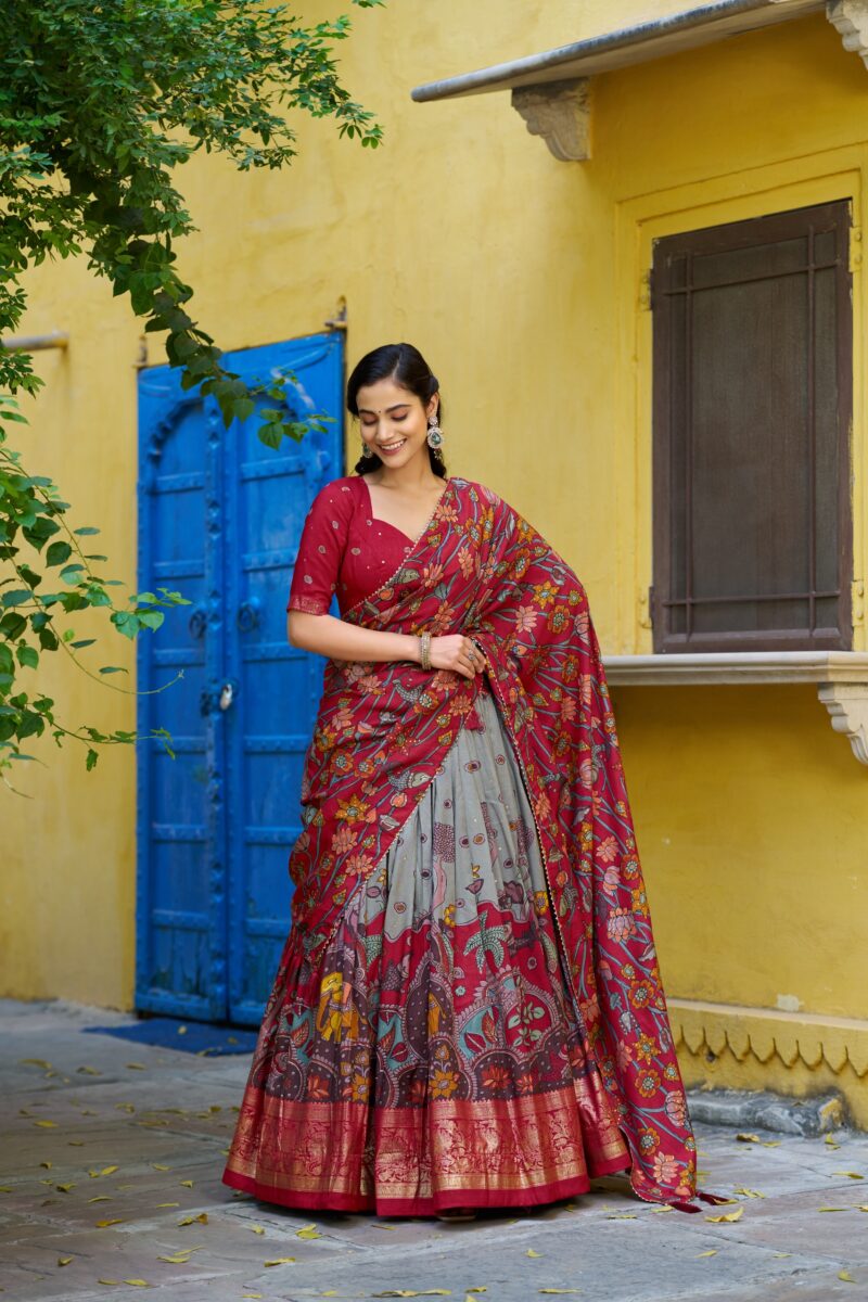 Sea Green colour Tussar Silk Kalamkari Print Pattu Half Saree Lehenga