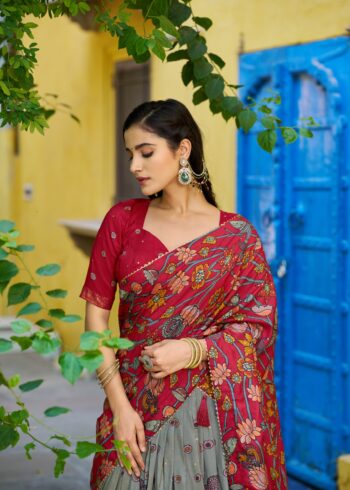Sea Green colour Tussar Silk Kalamkari Print Pattu Half Saree Lehenga close look