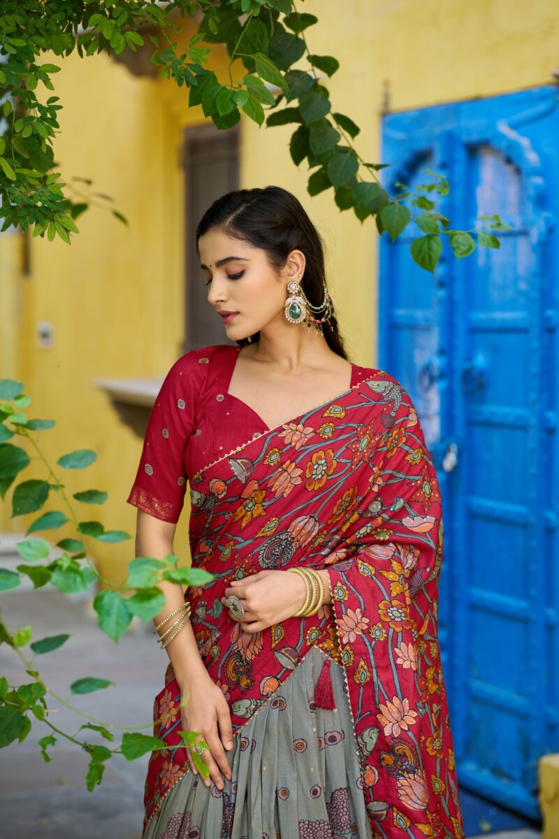 Sea Green colour Tussar Silk Kalamkari Print Pattu Half Saree Lehenga close look