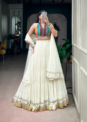 White Bandhani Mirror Work Garba Navratri Lehenga full front look